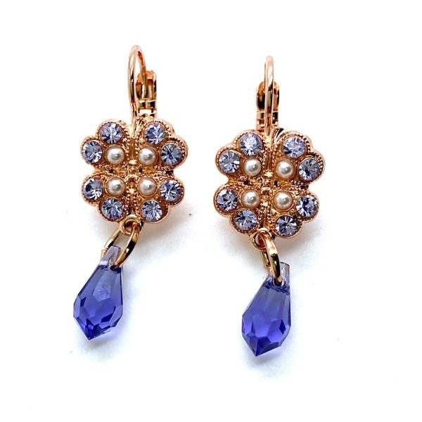 Mariana Earrings Clover Dangling Tanzanite & Pearl Austrian Crystals Romance Joy Of Life Coll.
