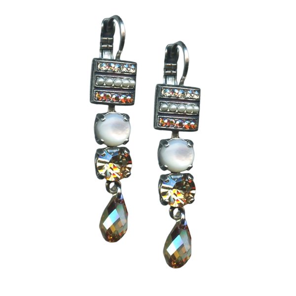 Mariana Earrings Dangling White Shell Mineral, Pearl, Clear, Topaz, & Golden Shadow Austrian Crystals Aurora Odyssey Coll.