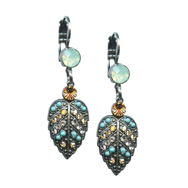 Mariana Earrings Leaf Dangling Pacific Opal, Turq, Topaz, & Lt Peach Austrian Crystals Summer Palace Silk Road Coll.