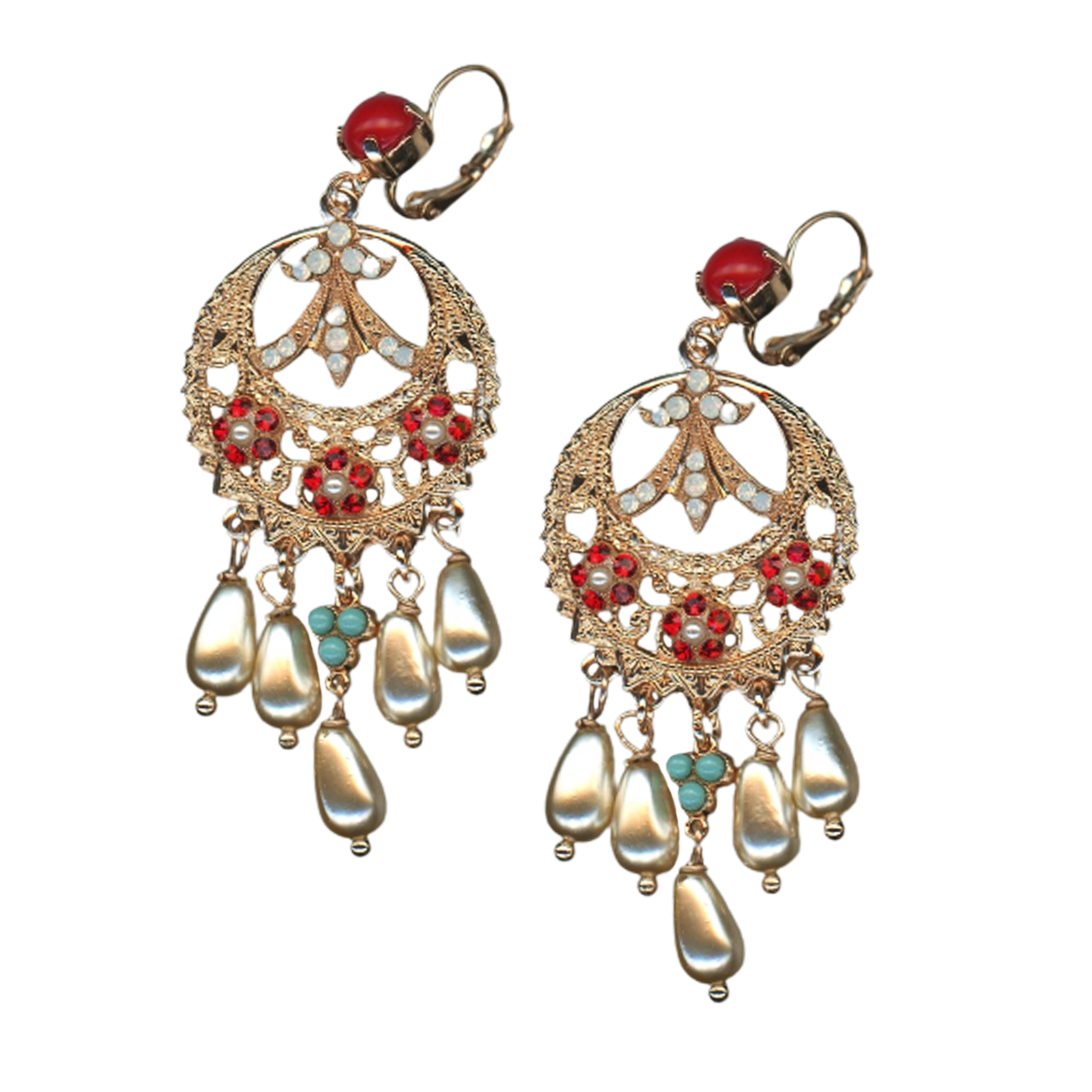 E-1043-1-1126-RG6(1) Mariana Earrings Luxurious Cream Pearl, Turq, Siam, White Opal, & Red Coral Austrian Crystals Happiness Joy Of Life Coll. - Image 1
