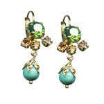 Mariana Earrings Beautiful Jade Green, Dark Amber, & Turquoise Austrian Crystals Rising Sun Icons Coll.