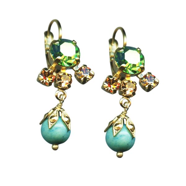 Mariana Earrings Beautiful Jade Green, Dark Amber, & Turquoise Austrian Crystals Rising Sun Icons Coll.