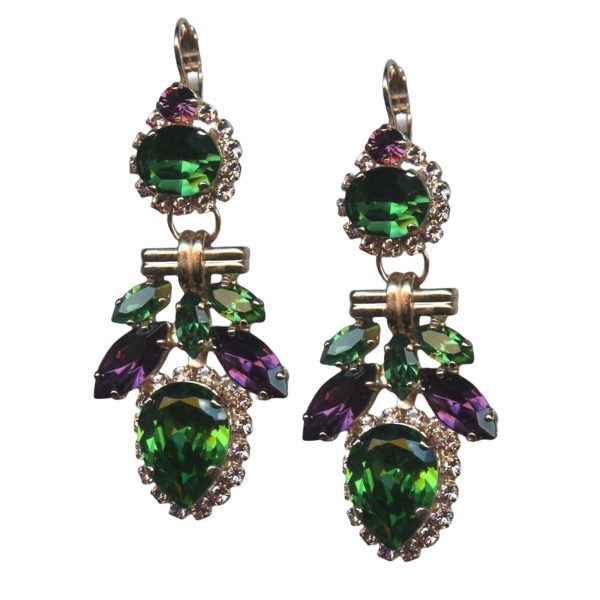 Mariana Earrings Exquisite Forest Green, Amethyst, & Clear Austrian Crystals Tigris Silk Road Coll.