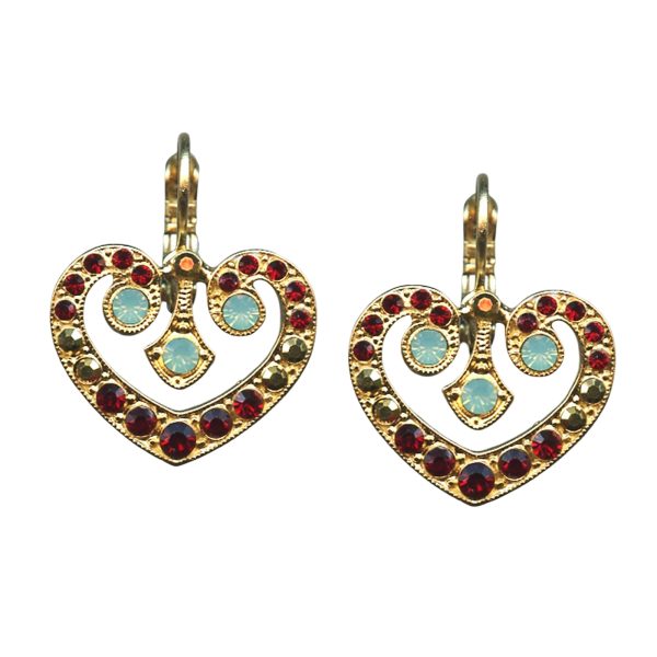 Mariana Earrings Heart Shaped Ruby Red, Aurum, & Pacific Opal Austrian Crystals Dynasty Coll.