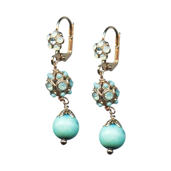 Mariana Earrings Precious Turquoise Mineral & Chrysolite Opal Austrian Crystals Mojito Cocktail Hour Coll.