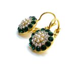 Mariana Earrings Beautiful Pearl, Emerald & Lt Azure Austrian Crystals My Treasures Coll. Yellow Gold - Image 3