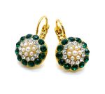 Mariana Earrings Beautiful Pearl, Emerald & Lt Azure Austrian Crystals My Treasures Coll. Yellow Gold
