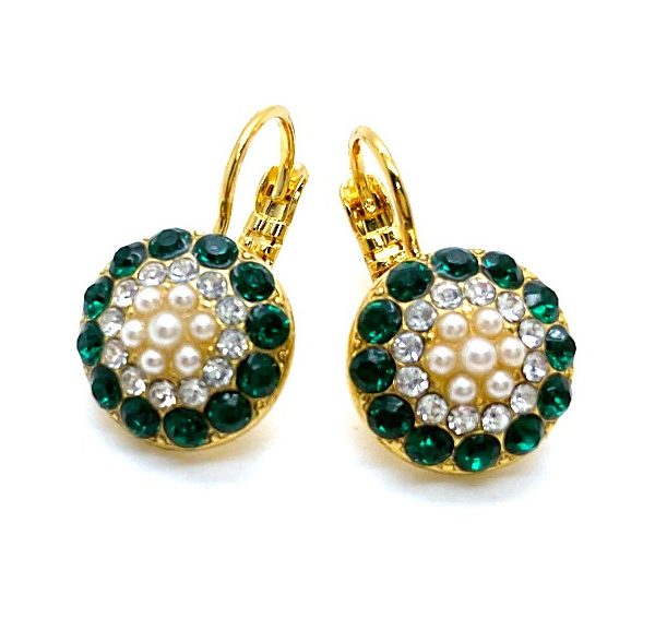 Mariana Earrings Beautiful Pearl, Emerald & Lt Azure Austrian Crystals My Treasures Coll. Yellow Gold
