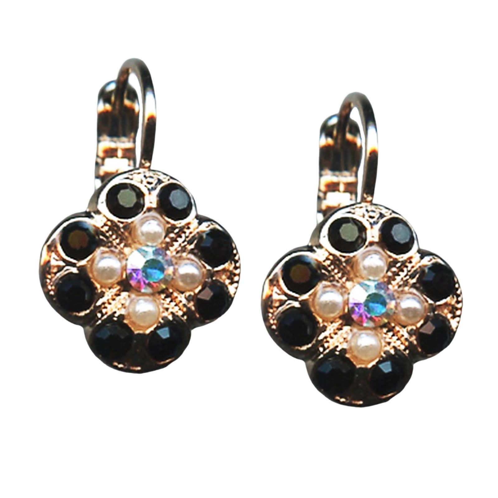E-1145-87-3-RG6(1) Mariana Earrings Clover Shaped Jet Black, Cream Pearl, & AB Austrian Crystals St Martin Caribbean Life Coll. - Image 1