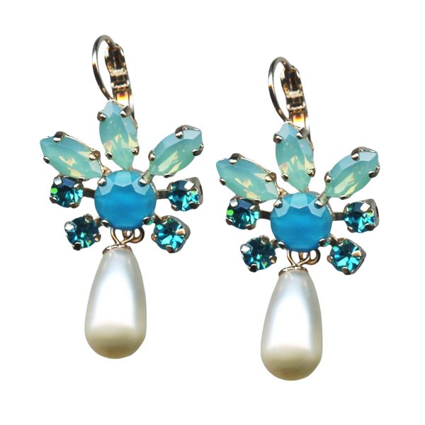 Mariana Earrings Elegant Pearl, Blue Zircon, Caribbean Blue Opal, & Pacific Opal Austrian Crystals Bahamas Caribbean Life Coll.