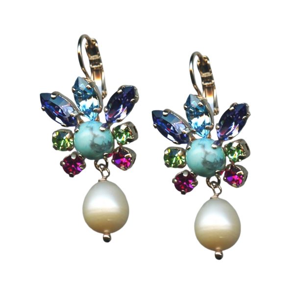 Mariana Earrings Howlite Chinese Turq & Pearl Mineral w/ Fuchsia, Peridot, Tanzanite, & Aquamarine Austrian Crystals Cuba Caribbean Life Coll.