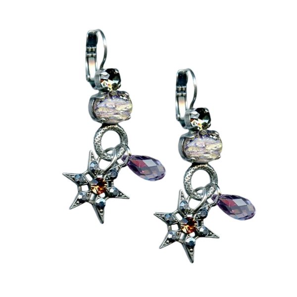 Mariana Earrings Star Dangling Marbled Stone, Silver Night, Topaz, Jet Hematite, & Violet Austrian Crystals My Treasures Coll.