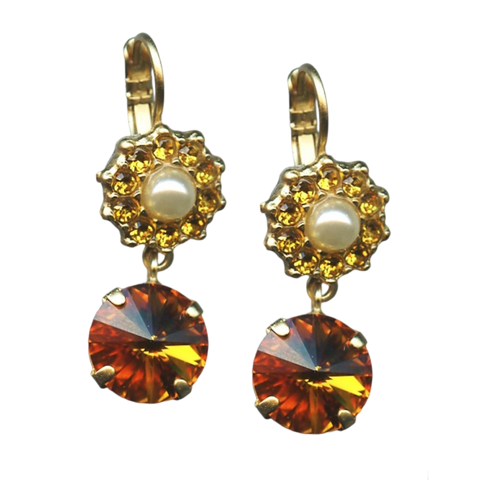 E-1157-1-M5173-YG6(1) Mariana Earrings Floral Pearl Mineral, Topaz, & Honey Amber Austrian Crystals My Treasures Coll. - Image 1