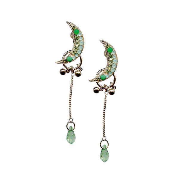 Mariana Earrings Crescent Dangling Chrysolite, Pacific Opal, & Green Opal Austrian Crystals Angelica East Meets West Coll.