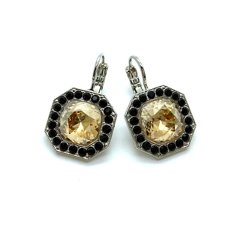 E-1174-4-1908-RO6 (1) Mariana Earrings Octagon Shaped Moonlight & Jet Black Austrian Crystals Black Orchid Botanica Coll. - Image 1