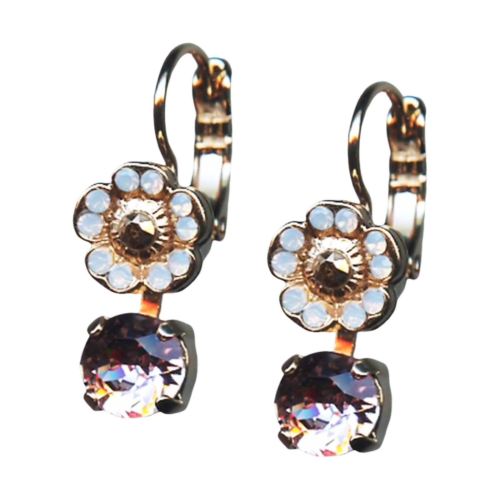 E-1211-1092(1) Mariana Earrings Floral Lt Amethyst, White Opal, & Aurum Austrian Crystals Rhapsode Odyssey Coll. - Image 1