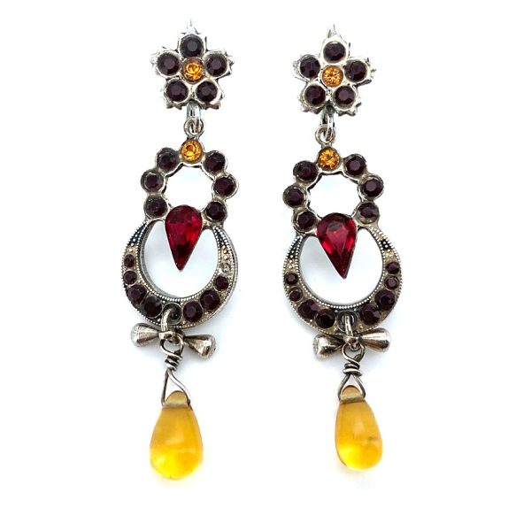Mariana Earrings Exquisite Jet Black, Ruby & Honey Amber Austrian Crystals My Treasures Coll.