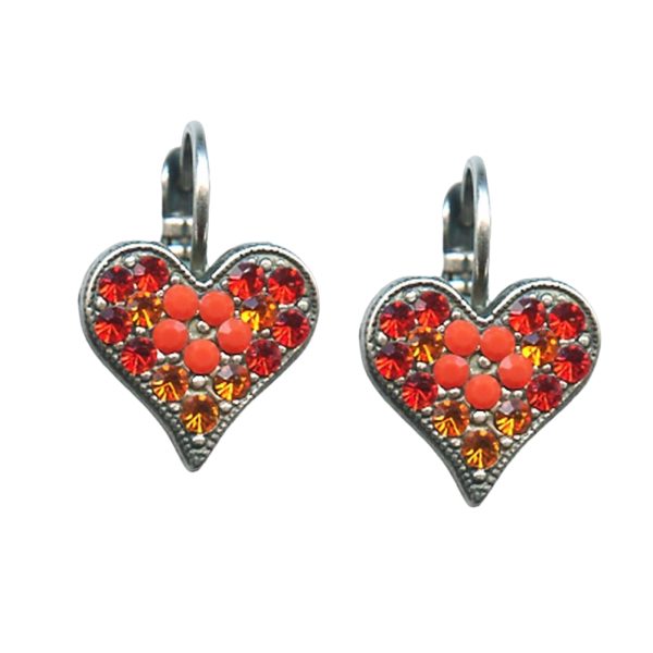Mariana Earrings Heart Shaped Coral, Sun, & Siam Austrian Crystals Saffron Silk Road Coll.