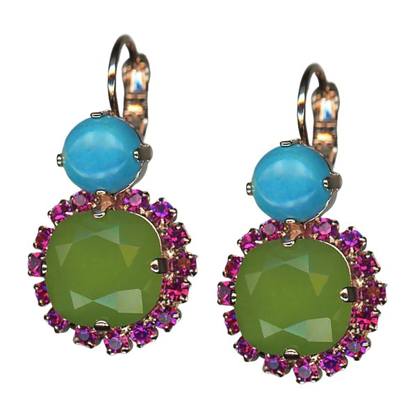 Mariana Earrings Charming Turquoise Mineral, Fuchsia, & Olivine Austrian Crystals Cuba Caribbean Life Coll.