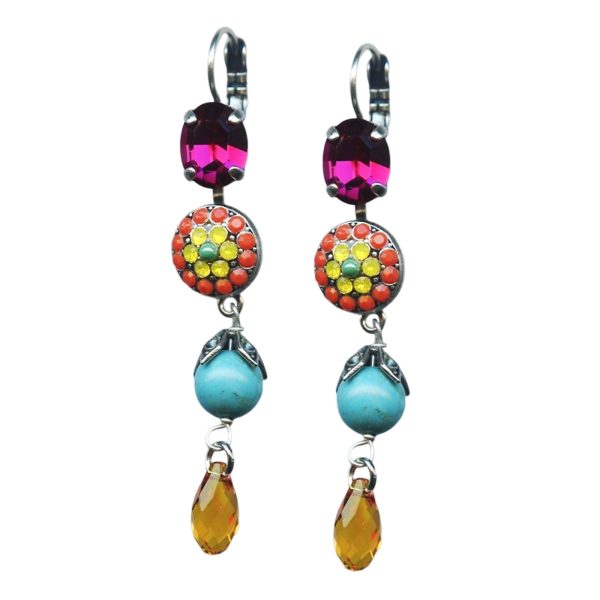 Mariana Earrings Multi Tier Floral Fuchsia, Turq, Topaz, & Opals Austrian Crystals Masai Africa Coll.