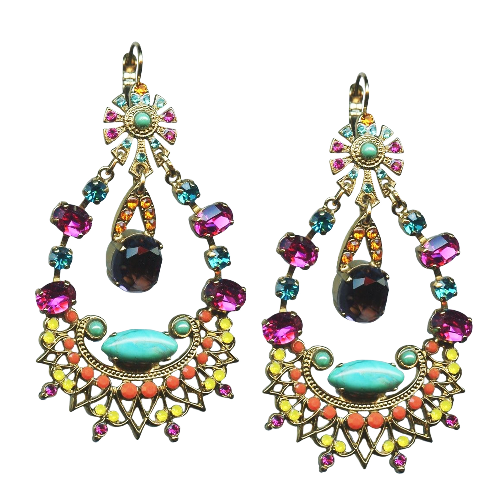 E-1422-M1077-YG6(1) Mariana Earrings Fab Turq Mineral, Fuchsia, Blue Zircon, Sun, Smoked Topaz, & Opals Austrian Crystals Masai Africa Coll. - Image 1