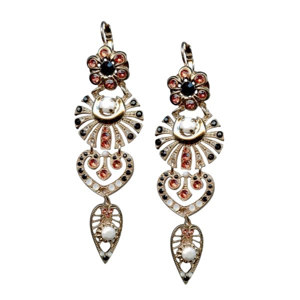 Mariana Earrings Fab Dangling Jet, White Opal, Padparadscha, & Chalk White Austrian Crystals Pomegranate Silk Road Coll.