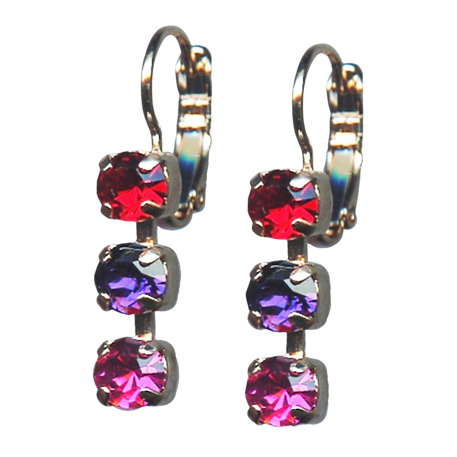 E-1425-1-1091-RG6(1) Mariana Earrings Triple Tier Siam, Purple Velvet, & Rose Austrian Crystals Xenia Odyssey Coll. - Image 1