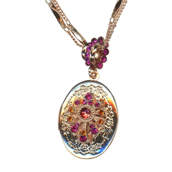 Mariana Necklace Pendant Oval Locket Fuchsia, Orange, & Padparadscha Austrian Crystals Sorbet Delight Winter 2021 Coll.