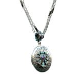 Mariana Necklace Pendant Oval Locket Turq, Aquamarine, & AB Austrian Crystals Bliss Nirvana Coll.