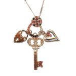 Mariana Necklace Pendant Key, Lock & Heart Padparadscha, Jet, Clear, & White Opal Austrian Crystals Pomegranate Silk Road Coll.