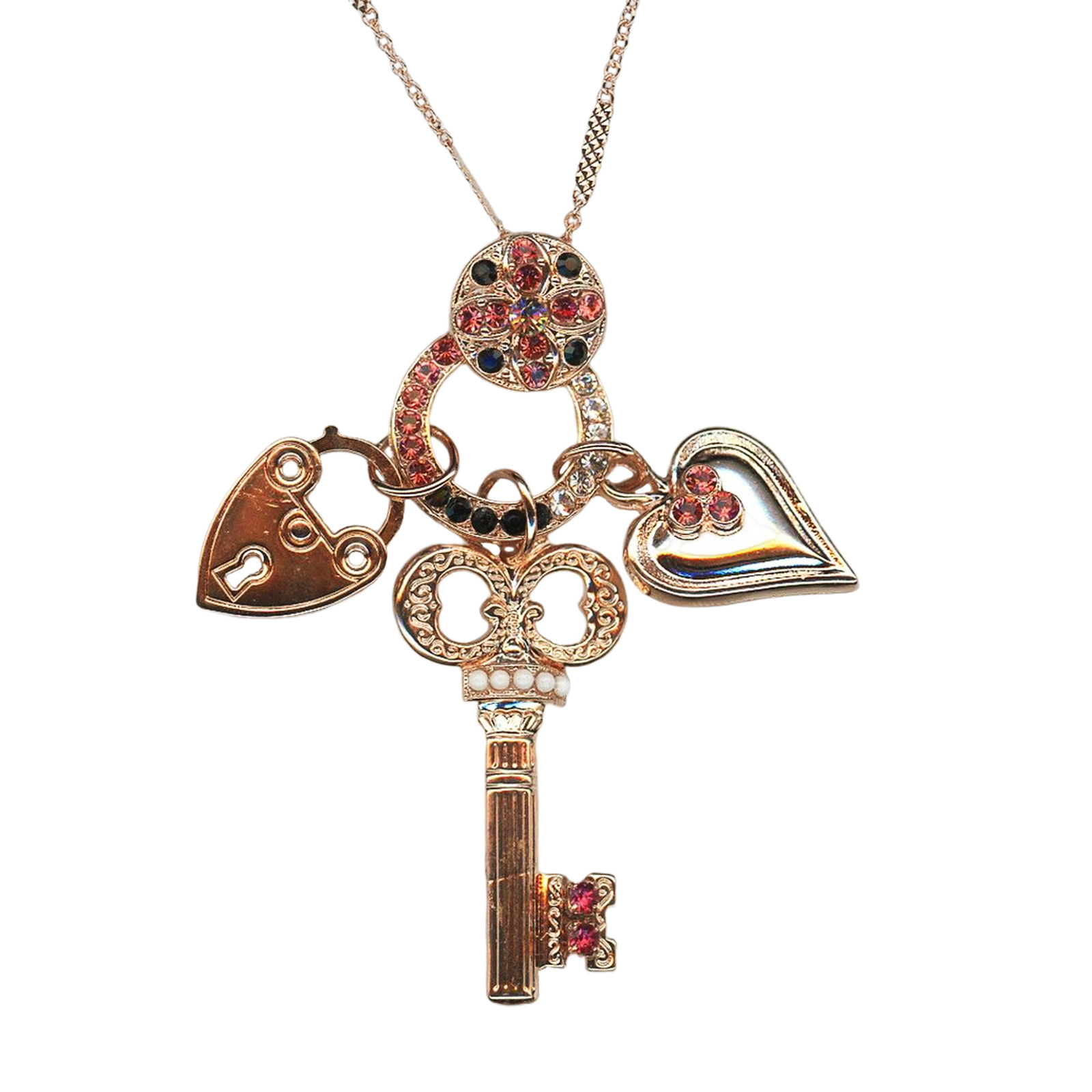 N-5006-1045-RG(1) Mariana Necklace Pendant Key, Lock & Heart Padparadscha, Jet, Clear, & White Opal Austrian Crystals Pomegranate Silk Road Coll. - Image 1
