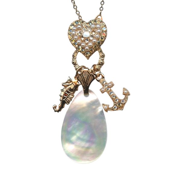 Mariana Necklace Pendant White Shell Mineral, Pearl, & Golden Shadow Austrian Crystals Kalahari Africa Coll.