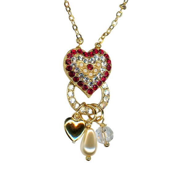 Mariana Necklace Pendant Heart & Charms Cream Pearl, Silk, & Ruby Austrian Crystals My Treasures Coll.