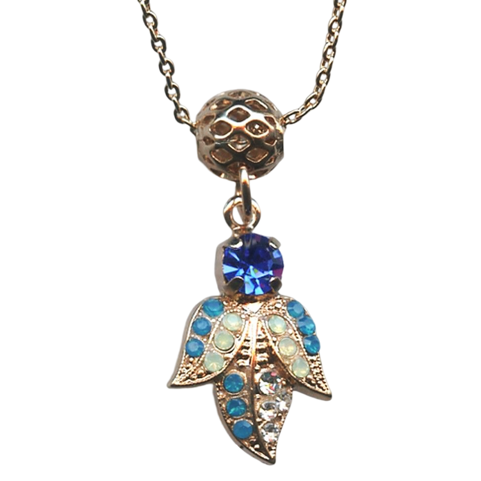 N-5022-3-1041-YG(1) Mariana Necklace Pendant Leaf Encrusted Opals, Clear, & Royal Blue Austrian Crystals Zhang Silk Road Coll. - Image 1