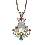 Mariana Necklace Pendant Sophisticated Mother of Simulated Pearl Mineral, & Multi Color Austrian Crystals Margarita Cocktail Hour Coll. - Image 2