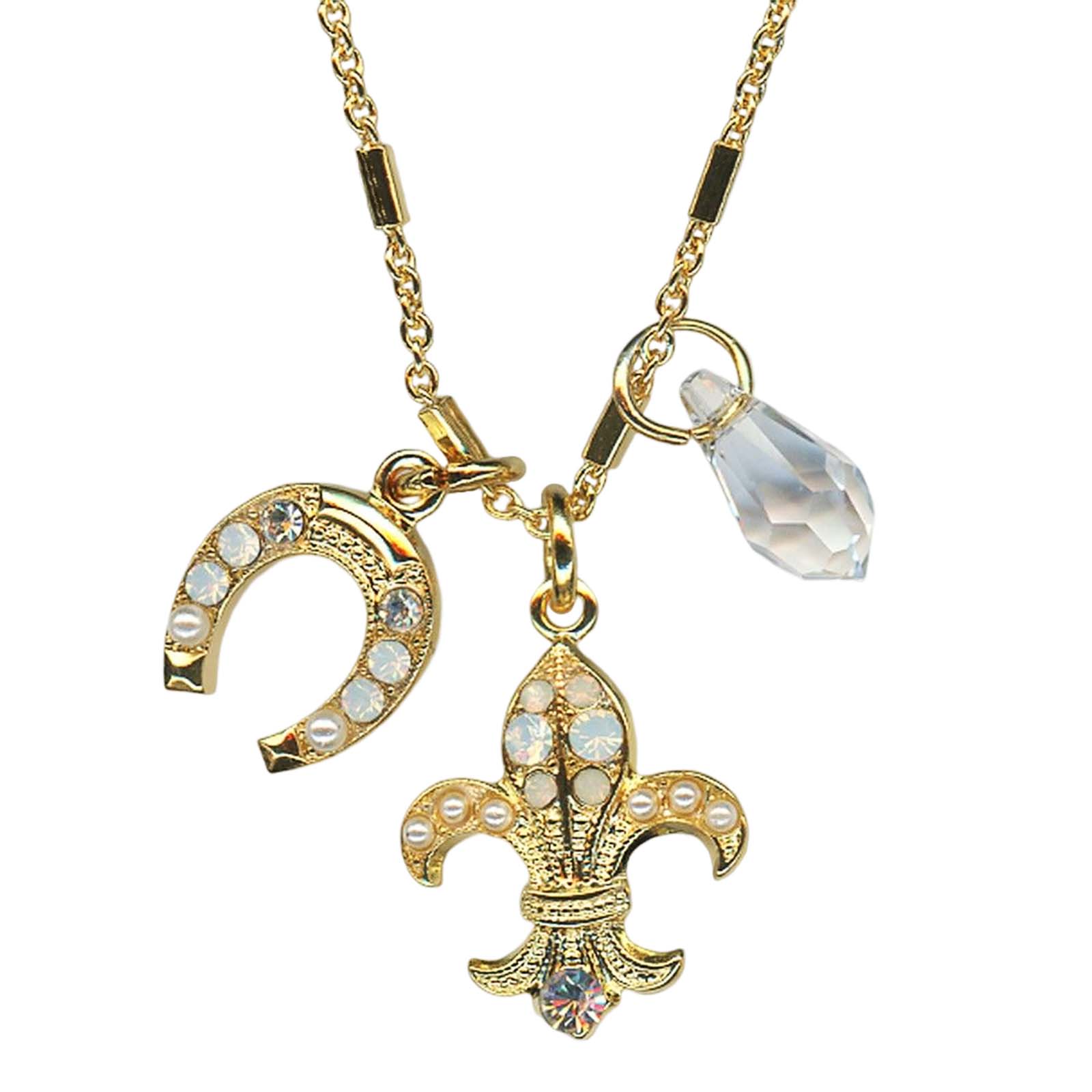 N-5026-1-2340-YG(1) Mariana Necklace Pendant Fleur de Lis & Charms Cream Pearl, Clear, & White Opal Austrian Crystals Bermuda Caribbean Life Coll. - Image 1