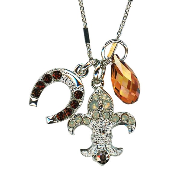 Mariana Necklace Pendant Fleur de Lis & Charms Dark Amber, Pacific Opal, & Aurum Austrian Crystals My Treasures Coll.