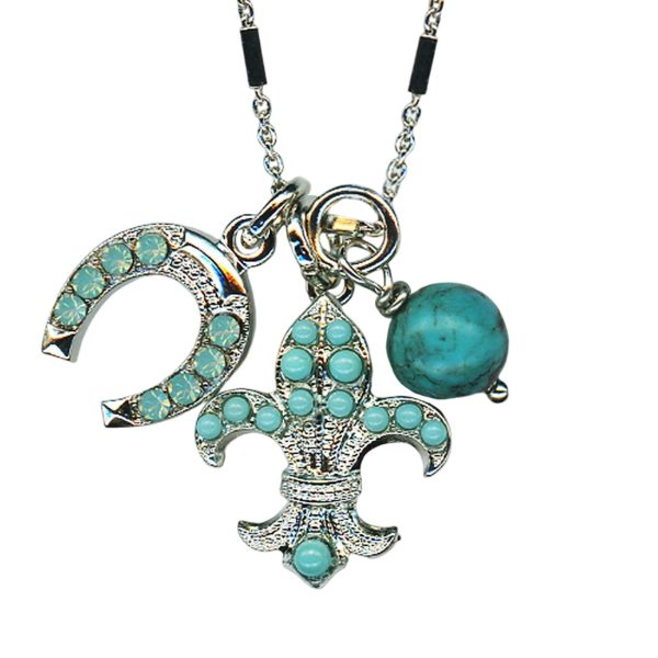 Mariana Necklace Pendant Fleur de Lis & Charms Turquoise Mineral & Pacific Opal Austrian Crystals My Treasures Coll.