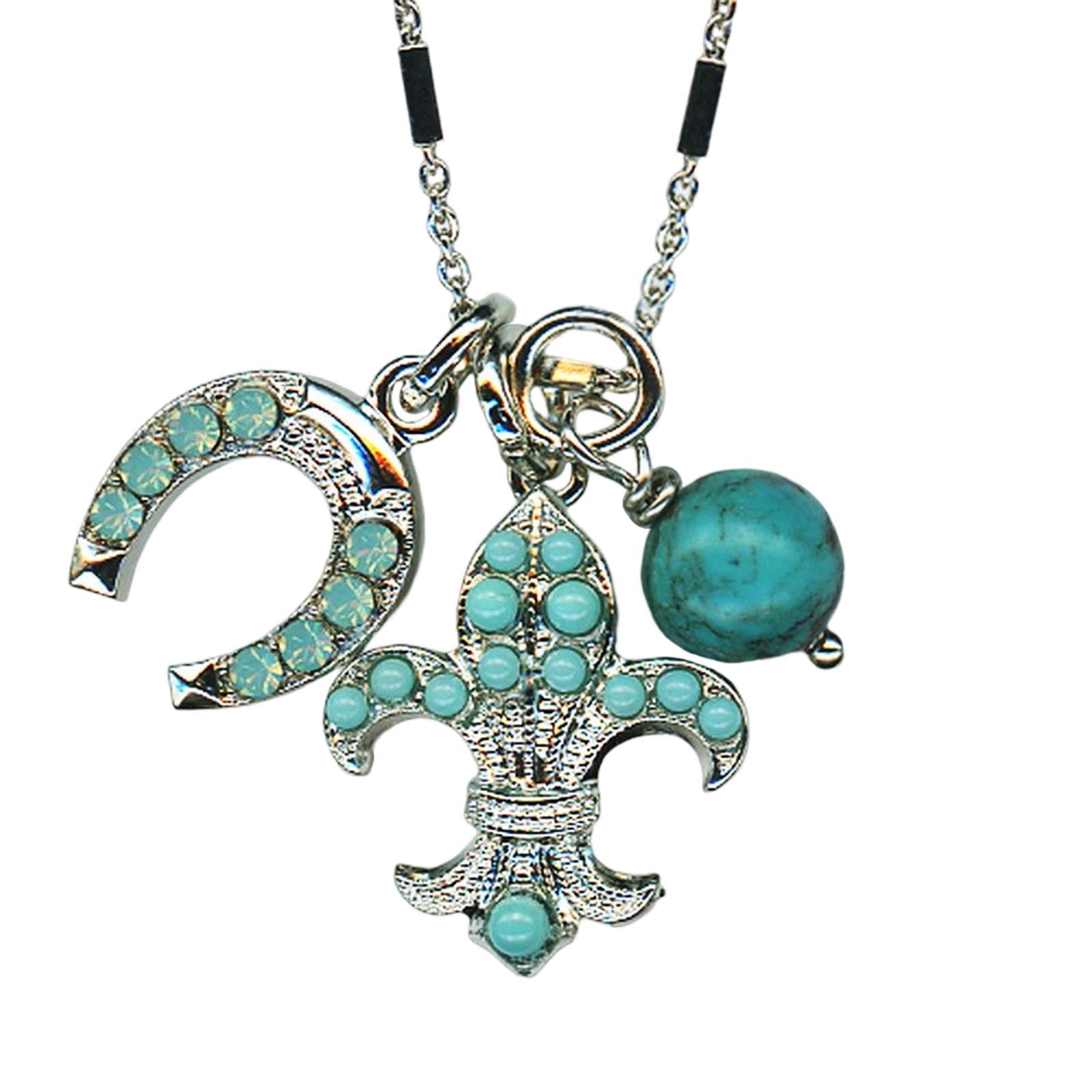 N-5026-1-M598-RO(1) Mariana Necklace Pendant Fleur de Lis & Charms Turquoise Mineral & Pacific Opal Austrian Crystals My Treasures Coll. - Image 1