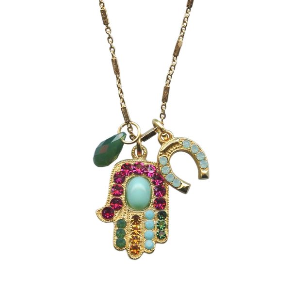 Mariana Necklace Pendant Hamsa & Charms Fern Green, Emerald, Fuchsia, Topaz, Turq, & Pacific Opal Austrian Crystals Happy Days Icons Coll.