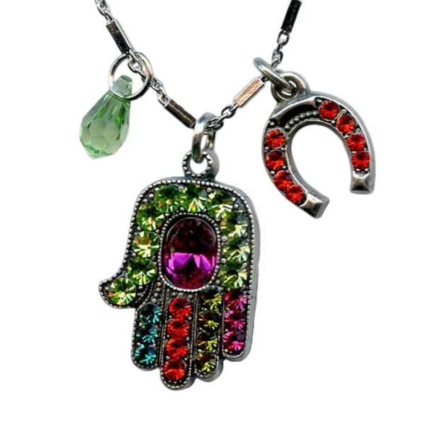 Mariana Necklace Pendant Hamsa & Charms Peridot, Olivine, Fuchsia, Siam, & Blue Zircon Austrian Crystals Tiger Lily East Meets West Coll.