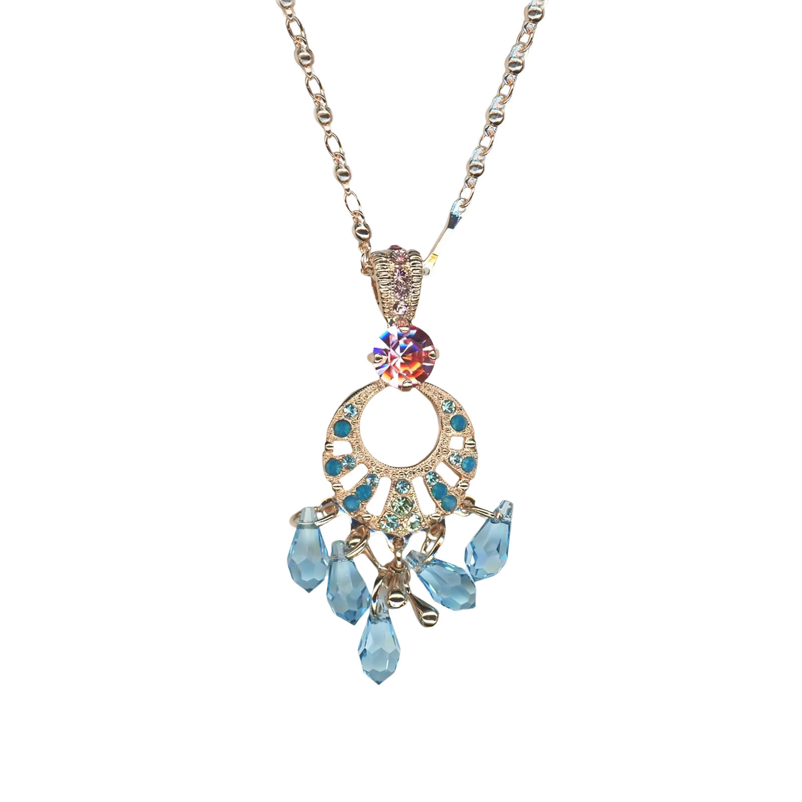 N-5036-2-2141-YG(1) Mariana Necklace Pendant Gorgeous Aquamarine, Caribbean Blue Opal, Chrysolite, & Lt Rose Austrian Crystals Spring Flowers Nature Coll. - Image 1