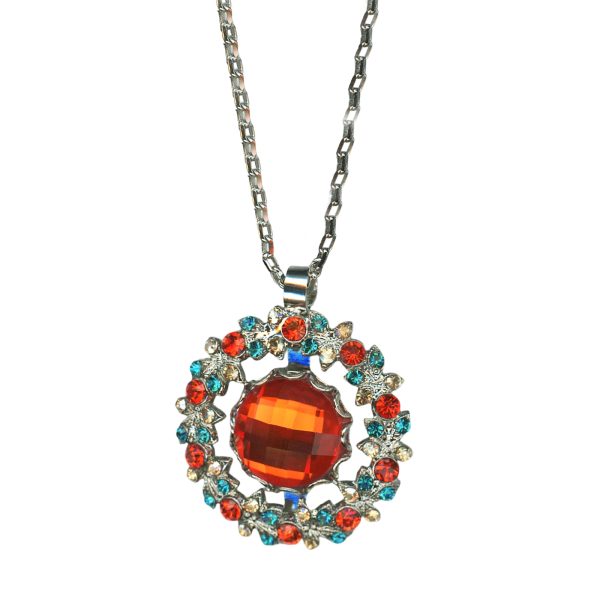 Mariana Necklace Pendant Wreath Rutilated Yellow Quartz Mineral, Red, & Aqua Austrian Crystals Tinsel Winter Wonderland Coll.
