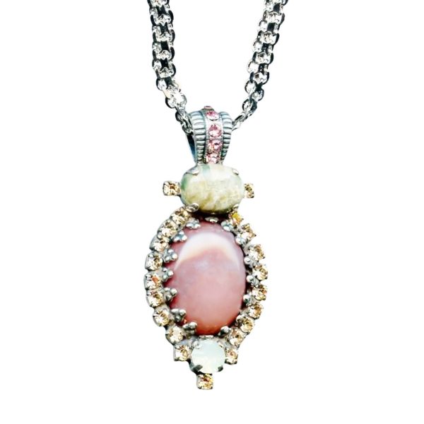 Mariana Necklace Pendant Charming Pink Coral & Riverstone Mineral, Topaz, & White Opal Austrian Crystals Orchid Silk Road Coll.