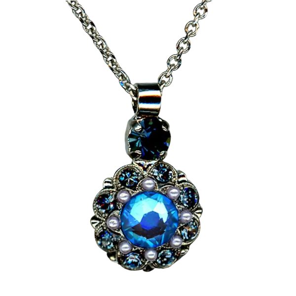 Mariana Necklace Pendant Luxurious Pearl, Sun Kissed Capri & Montana Blue Austrian Crystals Blue Morpho My Butterfly Coll.
