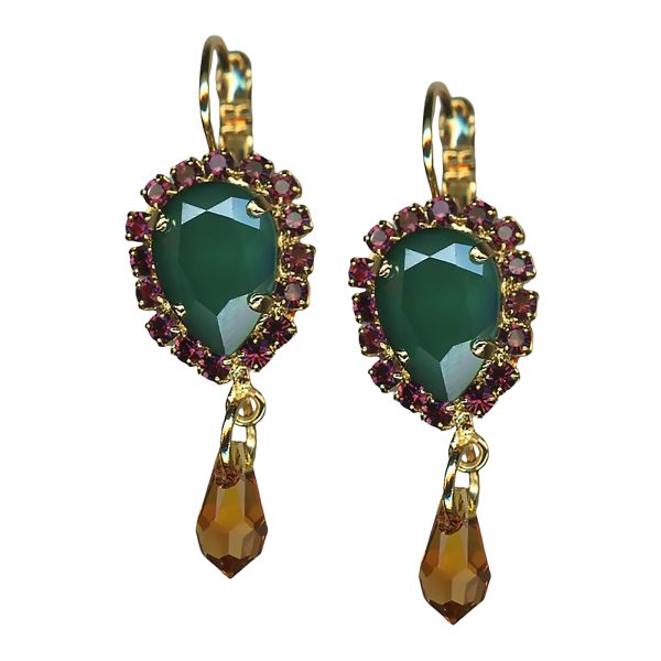 Mariana Earrings Glamorous Green Opal, Burgundy, & Amber Austrian Crystals Holiday Lights Coll.