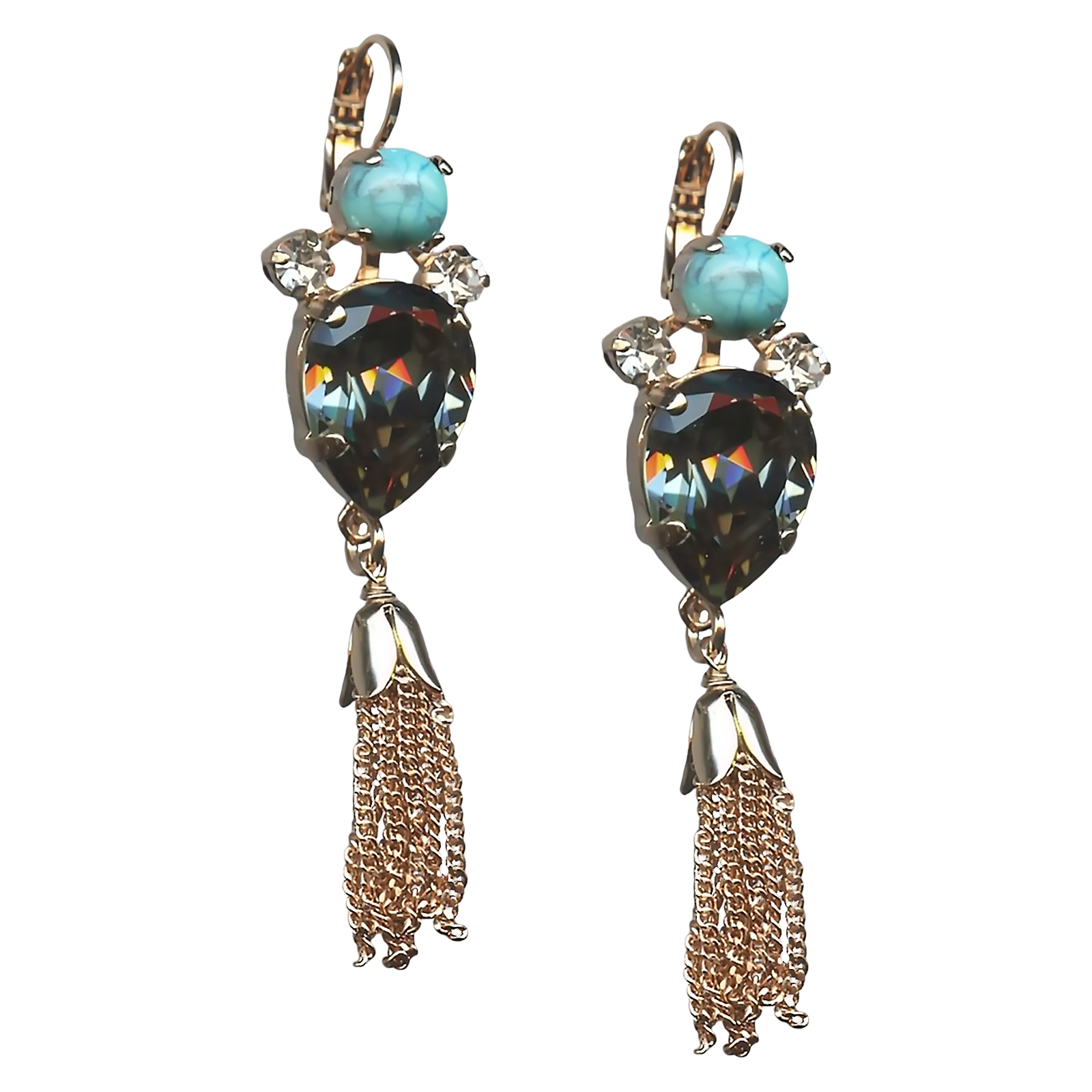 E-1098-6-M1081-RG6 (1) Mariana Earrings Sophisticated Turq Mineral, Black Diamond, & Clear Austrian Crystals Zanzibar Africa Coll. - Image 1