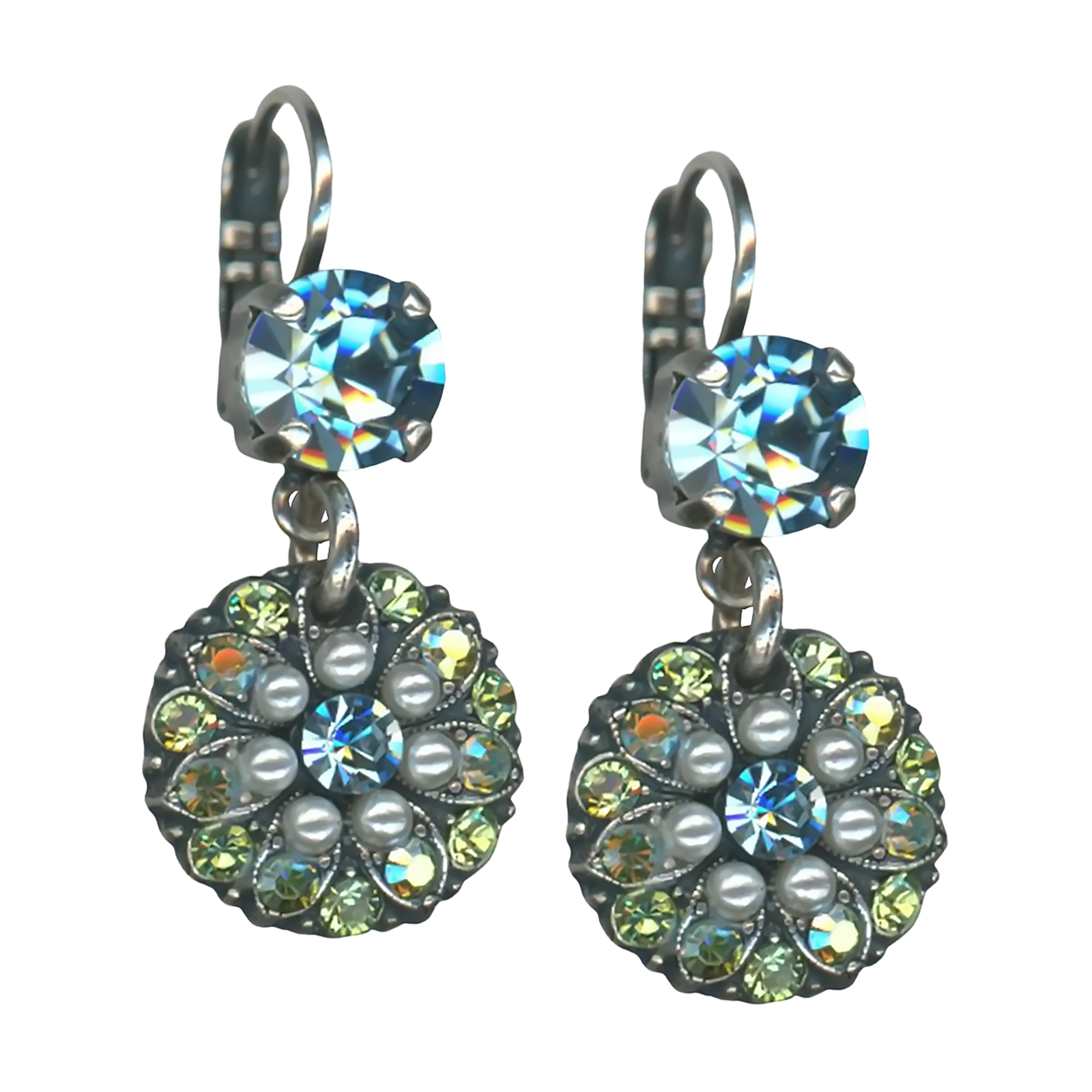 E-1212-1-84-SP6 (1) Mariana Earrings Floral Aquamarine, Chrysolite, & Pearl Austrian Crystals My Treasures Coll. - Image 1