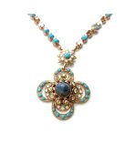 Mariana Necklace Floral in Sodalite Mineral, Turq, Golden Shadow, & White Opal Austrian Crystals My Treasures Coll.