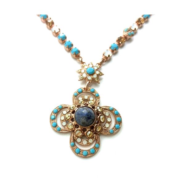 Mariana Necklace Floral in Sodalite Mineral, Turq, Golden Shadow, & White Opal Austrian Crystals My Treasures Coll.